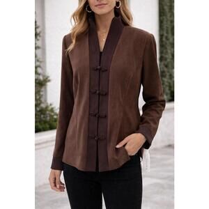 Plaza South Brown Mandarin Collar Sz 14 Asian Inspired Frog Closure Blazer